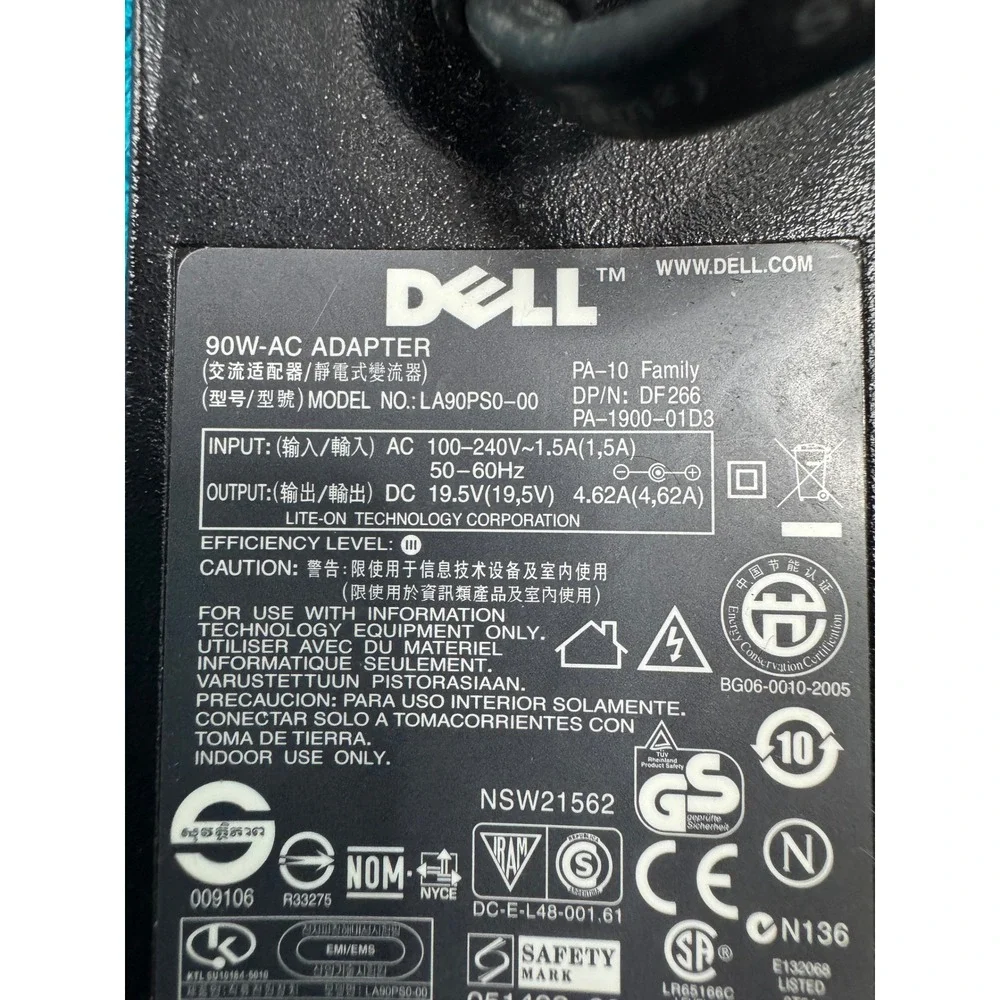 Dell‎ 90W AC Adapter PA-10 Family LA90PS0-00 19.5V 4.62A Laptop Charger DF266